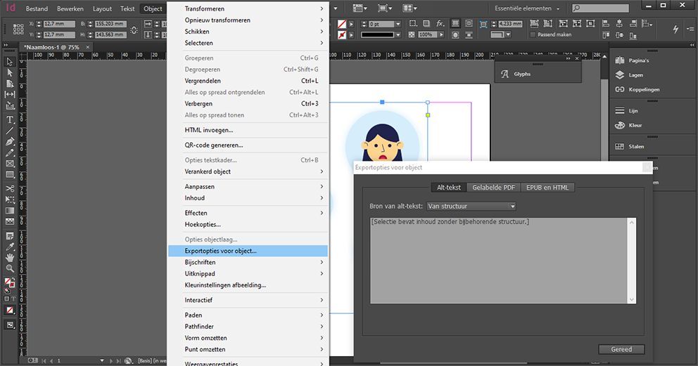 Screenshot of the path how to add Alt-Text to images in InDesign