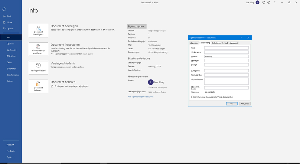 Screenshot of the path Document Properties in Word